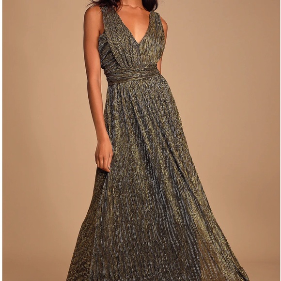 GREAT HOLIDAY DRESS!!  Lulu's Shimmering Gold and Black V-Neck Dress - Picture 4 of 10